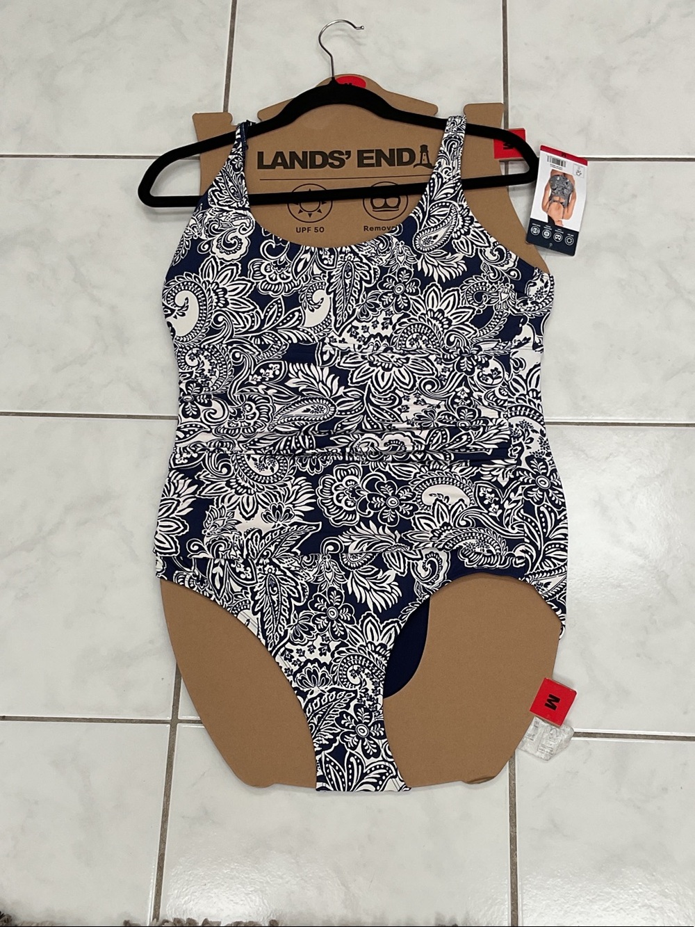 Lands' End Navy and White Floral Paisley One-Piece Swimsuit